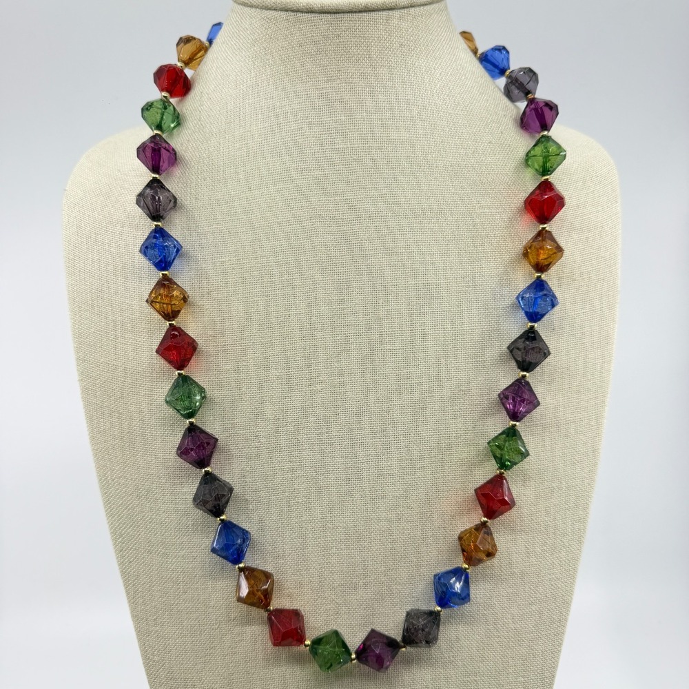 Multicolor Faceted Acrylic Cube Bead Necklace Gold Tone Spring Ring Clasp Gift